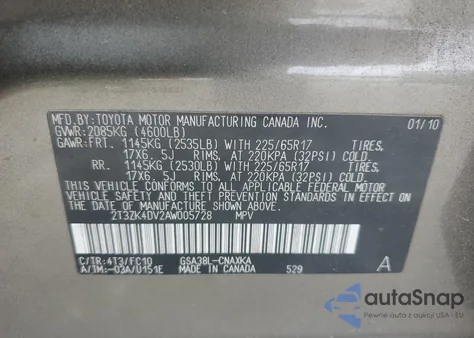 2010 Toyota Rav4 из США, поврежденный, VIN 2T3ZK4DV2AW005728